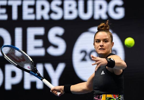 Russia Tennis St.Petersburg Ladies Trophy 2022 8113887 13.02.2022 Greece s Maria Sakkari returns a shot during the final single tennis match against Estonia s Anett Kontaveit at the St. Petersburg Ladies Trophy 2022 tennis tournament in St.Petersburg, Russia. Alexei Danichev Sputnik St. Petersburg Russia  Copyright: xAlexeixDanichevx