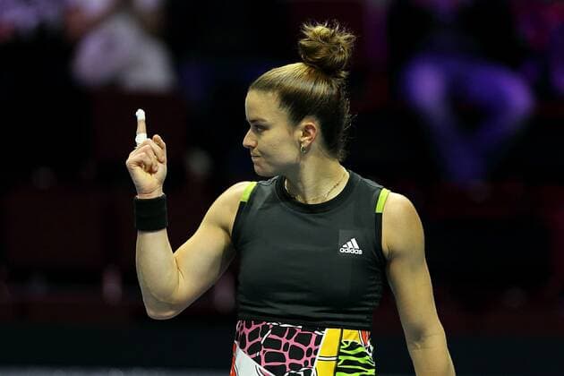 Saint Petersburg, Russia - 13 february 2022: Maria Sakkari of Greece play against Anett Kontaveit of Estonia during the St.Petersburg Ladies Trophy 2022 tennis tournament. Maria Sakkari AlexanderxKulebyakin