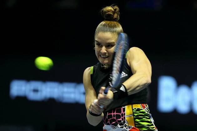Saint Petersburg, Russia - 13 february 2022: Maria Sakkari of Greece play against Anett Kontaveit of Estonia during the St.Petersburg Ladies Trophy 2022 tennis tournament. Maria Sakkari AlexanderxKulebyakin