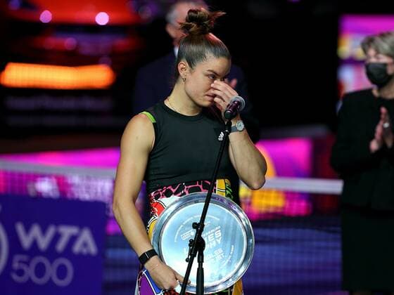 Saint Petersburg, Russia - 13 february 2022: Maria Sakkari of Greece play against Anett Kontaveit of Estonia during the St.Petersburg Ladies Trophy 2022 tennis tournament. Maria Sakkari AlexanderxKulebyakin