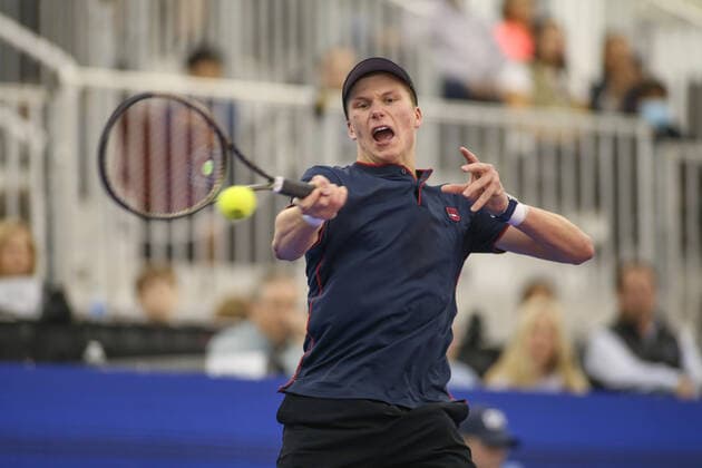 DALLAS, TX - FEBRUARY 13: Jenson Brooksby (USA) hits a forehand during the Dallas Open on February 13, 2022 at the Styslinger Altec Tennis Complex in Dallas, TX. (Photo by George Walker Icon Sportswire) TENNIS: FEB 13 Dallas Open Icon22021301