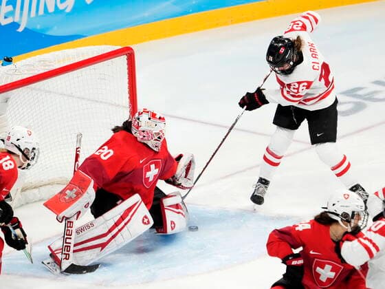 February 14, 2022, Beijing, ON, China: Canada forward Emily Clark (26) is stopped by Switzerland goaltender Andrea Braendli during first period women s Ice hockey, Eishockey semifinals action Monday, February 14, 2022 at the 2022 Winter Olympics in Beijing. Canada News - February 14, 2022  - ZUMAc35_ 20220214_zaf_c35_010 Copyright: xRyanxRemiorzx