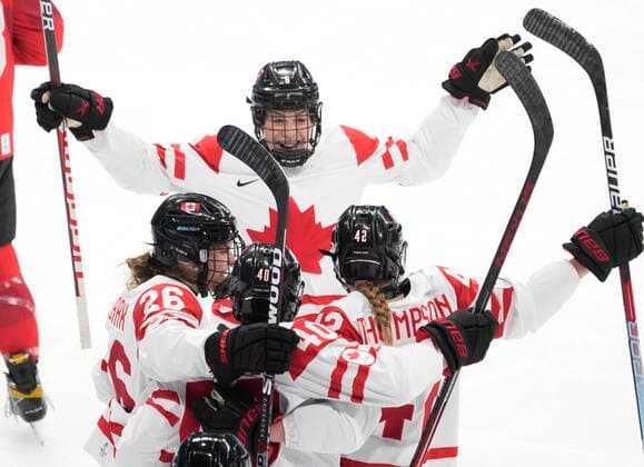 February 14, 2022, Beijing, ON, China: Canada defender Claire Thompson (42) celebrates her goal against Switzerland with teammates during first period women s Ice hockey, Eishockey semifinals action Monday, February 14, 2022 at the 2022 Winter Olympics in Beijing. Canada News - February 14, 2022  - ZUMAc35_ 20220214_zaf_c35_012 Copyright: xRyanxRemiorzx