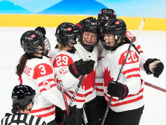 February 14, 2022, Beijing, ON, China: Canada defender Renata Fast (14) celebrates her goal against Switzerland with teammates during first period women s Ice hockey, Eishockey semifinals action Monday, February 14, 2022 at the 2022 Winter Olympics in Beijing. Canada News - February 14, 2022  - ZUMAc35_ 20220214_zaf_c35_016 Copyright: xRyanxRemiorzx