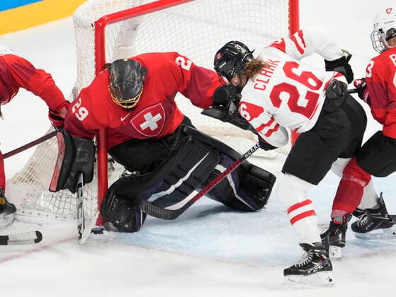February 14, 2022, Beijing, ON, China: Switzerland goaltender Saskia Maurer makes a save on Canada forward Emily Clark (26) during first period women s Ice hockey, Eishockey semifinals action Monday, February 14, 2022 at the 2022 Winter Olympics in Beijing. Canada News - February 14, 2022  - ZUMAc35_ 20220214_zaf_c35_021 Copyright: xRyanxRemiorzx