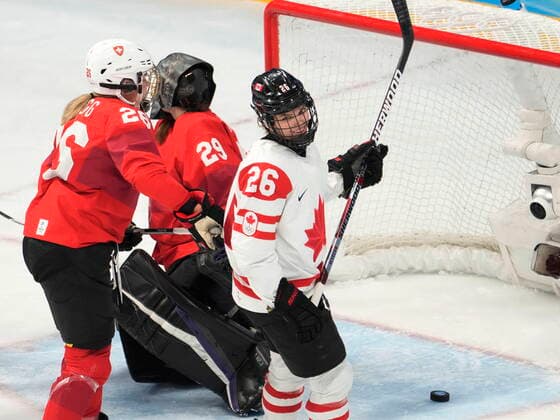 February 14, 2022, Beijing, ON, China: Canada forward Emily Clark (26) reacts after scoring on Switzerland goaltender Saskia Maurer during second period women s Ice hockey, Eishockey semifinals action Monday, February 14, 2022 at the 2022 Winter Olympics in Beijing. Canada News - February 14, 2022  - ZUMAc35_ 20220214_zaf_c35_036 Copyright: xRyanxRemiorzx