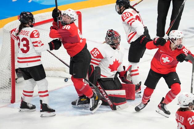 February 14, 2022, Beijing, ON, China: Switzerland players celebrate after teammate Lara Stalder, not shown, scored the team s third goal of the game against Canada during second period women s Ice hockey, Eishockey semifinals action Monday, February 14, 2022 at the 2022 Winter Olympics in Beijing. Canada News - February 14, 2022 - ZUMAc35_ 20220214_zaf_c35_038 Copyright: xRyanxRemiorzx