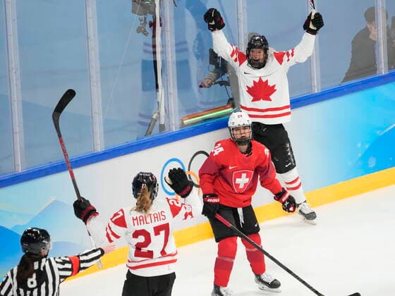 February 14, 2022, Beijing, ON, China: Canada forward Emma Maltais (27) celebrates her goal against Switzerland with teammate Laura Stacey (7) during third period women s Ice hockey, Eishockey semifinals action Monday, February 14, 2022 at the 2022 Winter Olympics in Beijing. Canada News - February 14, 2022  - ZUMAc35_ 20220214_zaf_c35_049 Copyright: xRyanxRemiorzx