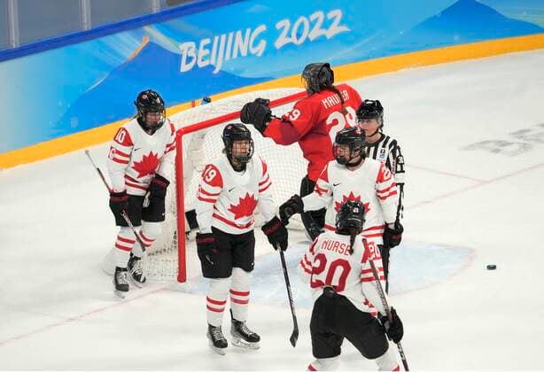 February 14, 2022, Beijing, ON, China: Canada forward Brianne Jenner (19) celebrates scoring the team s tenth goal of the game against Switzerland during third period women s Ice hockey, Eishockey semifinals action Monday, February 14, 2022 at the 2022 Winter Olympics in Beijing. Canada News - February 14, 2022  - ZUMAc35_ 20220214_zaf_c35_051 Copyright: xRyanxRemiorzx