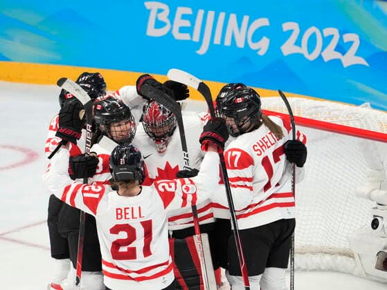 February 14, 2022, Beijing, ON, China: Team Canada players celebrate their win against Switzerland during women s Ice hockey, Eishockey semifinals action Monday, February 14, 2022 at the 2022 Winter Olympics in Beijing. Canada News - February 14, 2022  - ZUMAc35_ 20220214_zaf_c35_053 Copyright: xRyanxRemiorzx