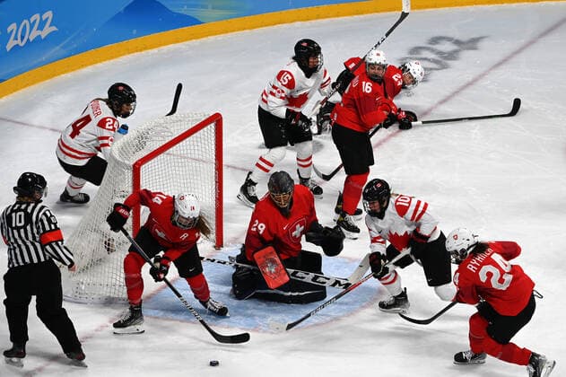 (220214) -- BEIJING, Feb. 14, 2022 -- Athletes of Canada and Switzerland compete during the Ice hockey, Eishockey women s play-off semifinal between Canada and Switzerland at Wukesong Sports Centre in Beijing, capital of China, Feb. 14, 2022. ) (BEIJING2022)CHINA-BEIJING-OLYMPIC Winter games, Winterspiele,Spiele, Summer games ICE HOCKEY-WOMEN S PLAYOFF SEMIFINAL-CANADA VS SWITZERLAND (CN) LiuxXiao 