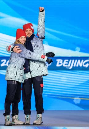 BEIJING, CHINA - FEBRUARY 14, 2022: Silver medalists, ROC athletes Victoria Sinitsina and Nikita Katsalapov attend an award ceremony for the ice dance event at the 2022 Winter Olympic Games, Olympische Spiele, Olympia, OS at the Medal Plaza. Anton Novoderezhkin TASS  TS123191