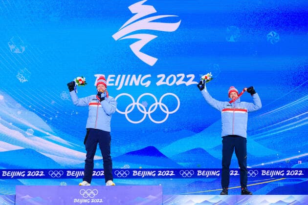 220214 Johannes Thingnes Bo and Tarjei Bo of Norway celebrate at the medal ceremony for men s biathlon 10 km sprint during day 10 of the 2022 Winter Olympics on February 14, 2022 in Zhangjiakou Photo Joel Marklund BILDBYRAN kod JM JM0284 bbeng olympic games olympics winter olympics os ol olympics winter os olympics peking peking Beijing 2022 beijing 2022 beijing 2022 olympic games beijing 2022 winter olympic games beijing os beijing ol winter ol medal ceremony medal ceremony celebration jubilation norway norway gold bronze,  Copyright: JOELxMARKLUND BB220214JM021