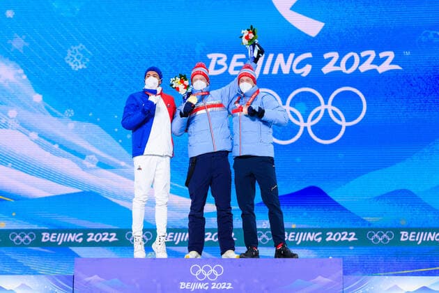 220214 Quentin Fillon Maillet of France, Johannes Thingnes Bo of Norway and Tarjei Bo of Norway celebrate at the medal ceremony for men s biathlon 10 km sprint during day 10 of the 2022 Winter Olympics on February 14, 2022 in Zhangjiakou Photo Joel Marklund BILDBYRAN kod JM JM0284 bbeng olympic games olympics winter olympics os ol olympiska spel vinter os olympiske leker peking peking 2022 beijing 2022 beijing 2022 olympic games beijing 2022 winter olympic games peking os beijing ol vinter ol medaljceremoni medaljeseremoni norge norway celebration jubel brons guld,  Copyright: JOELxMARKLUND BB220214JM024