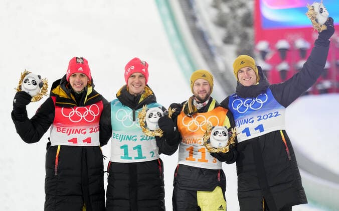 (220214) -- ZHANGJIAKOU, Feb. 14, 2022 -- Bronze medalists of Germany celebrate after Ski jumping, Skispringen, Ski, nordisch men s team at the National Ski Jumping Centre in Zhangjiakou, north China s Hebei Province, Feb. 14, 2022. ) (BEIJING2022) CHINA-ZHANGJIAKOU-OLYMPIC Winter games, Winterspiele,Spiele, Summer games SKI JUMPING-MEN S TEAM (CN) WangxSong 