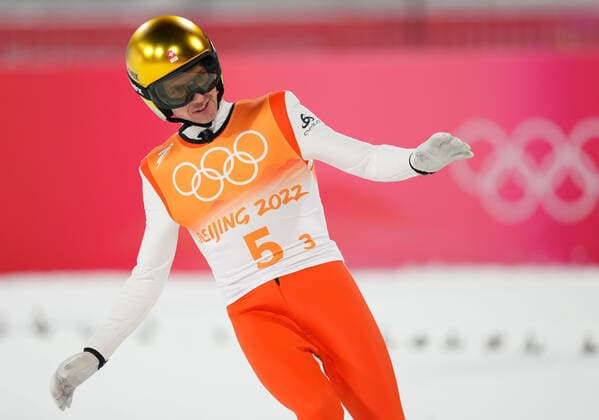 (220214) -- ZHANGJIAKOU, Feb. 14, 2022 -- Simon Ammann of Switzerland reacts during Ski jumping, Skispringen, Ski, nordisch men s team final round at the National Ski Jumping Centre in Zhangjiakou, north China s Hebei Province, Feb. 14, 2022. ) (BEIJING2022) CHINA-ZHANGJIAKOU-OLYMPIC Winter games, Winterspiele,Spiele, Summer games SKI JUMPING-MEN S TEAM (CN) WangxSong 
