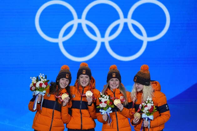 Members of Team Netherlands gold medalists Selma Poutsma, Suzanne Schulting, Yara van Kerkhof, and Xandra Velzeboer pose with their medals during the medals ceremony for the Women s Short Track 3000m Relay at the Beijing 2022 Winter Olympics on Monday, February 14, 2022.  OLY20220214312 PaulxHanna
