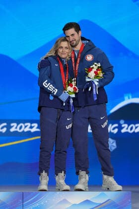 Bronze medallists Zachary Donohue and Madison Hubbell of the United States pose during the medals ceremony for the Figure skating, Eiskunstlauf Ice Dance competition at the Beijing 2022 Winter Olympics on Monday, February 14, 2022.  OLY20220214317 PaulxHanna