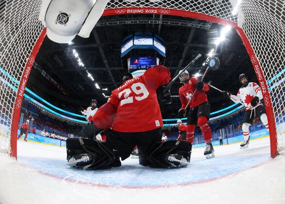 (220214) -- BEIJING, Feb. 14, 2022 -- Goalkeper Saskia Maurer (front) of Switzerland misses a goal during during the Ice hockey, Eishockey women s semifinal between Canada and Switzerland at Wukesong Sports Centre in Beijing, capital of China, Feb. 14, 2022. ) (BEIJING2022)CHINA-BEIJING-OLYMPIC Winter games, Winterspiele,Spiele, Summer games ICE HOCKEY-WOMEN S PLAYOFF SEMIFINAL-CAN VS SUI(CN) SongxYanhua 