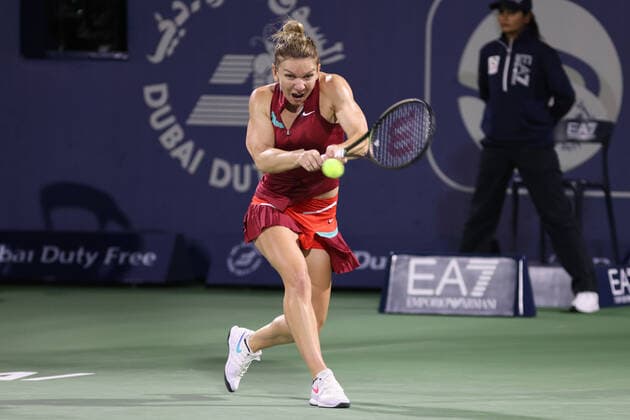 Simona Halep, ROU, during first round of 2022 Dubai Championships in Dubai, 14 02 2022