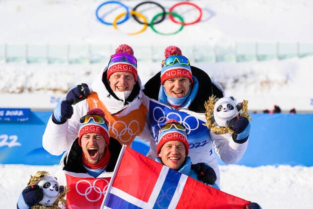 220215 Sturla Holm Laegreid, Tarjei Bo, Johannes Thingnes Bo and Vetle Sjastad Christiansen of Norway celebrates after men s biathlon 4 x 7,5 km relay during day 11 of the 2022 Winter Olympics on February 15, 2022 in Zhangjiakou Photo Jon Olav Nesvold BILDBYRAN COP 217 JM0286 bbeng biathlon biathlon biathlon biathlon olympic games olympics winter olympics os ol olympic games winter os olympic games beijing peking 2022 beijing 2022 beijing 2022 olympic games beijing 2022 winter olympic games beijing os beijing ol winter ol relay team cap relay norway celebration jubil gold,  Copyright: JONxOLAVxNESVOLD BB220215JE054
