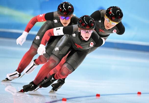 China Olympics 2022 Speed skating, Eisschnelllauf Women Team Pursuit 8115262 15.02.2022 Canada s Ivanie Blondin, Isabelle Weidemann and Valerie Maltais compete in the women s speed skating team pursuit final during the Beijing 2022 Winter Olympic Games, Olympische Spiele, Olympia, OS at the National Speed Skating Oval in Beijing, China. Vladimir Astapkovich Sputnik Beijing China  Copyright: xVladimirxAstapkovichx