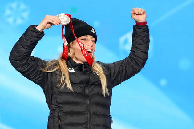 OLYMPICS - Winter Olympic Games, Olympische Spiele, Olympia, OS Beijing 2022 BEIJING,CHINA,15.FEB.22 - OLYMPICS, SNOWBOARDING - Winter Olympic Games Beijing 2022, Big Air, ladies, award ceremony. Image shows the rejoicing of Zoi Sadowski Synnott (NZL). Keywords: medal.  GEPAxpictures xPatrickxSteiner