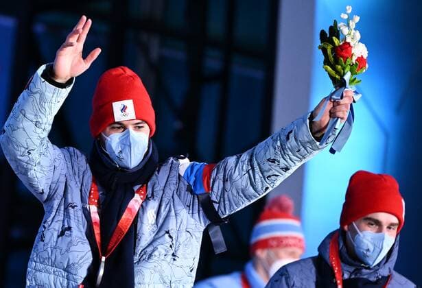 China Olympics 2022 Medal Ceremony 8115668 15.02.2022 Silver medalists Russian Olympic Committee s Daniil Aldoshkin and Sergei Trofimov arrive for the men s Speed skating, Eisschnelllauf team pursuit medal ceremony during the Beijing 2022 Winter Olympic Games, Olympische Spiele, Olympia, OS at the Medals Plaza in Beijing, China. Vladimir Astapkovich Sputnik Beijing China  Copyright: xVladimirxAstapkovichx