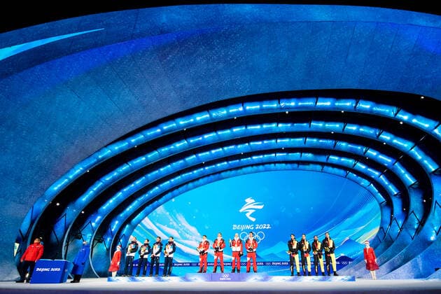 OLYMPICS - Winter Olympic Games, Olympische Spiele, Olympia, OS Beijing 2022 ZHANGJIAKOU,CHINA,15.FEB.22 - OLYMPICS, NORDIC SKIING, Ski jumping, Skispringen, Ski, nordisch - Winter Olympic Games Beijing 2022, large hill, men, team event, award ceremony. Image shows Lovro Kos, Cene Prevc, Timi Zajc, Peter Prevc (SLO), Stefan Kraft, Daniel Huber, Jan Hoerl and Manuel Fettner (AUT), Constantin Schmid, Stephan Leyhe, Markus Eisenbichler and Karl Geiger (GER). GEPAxpictures xMaticxKlansek