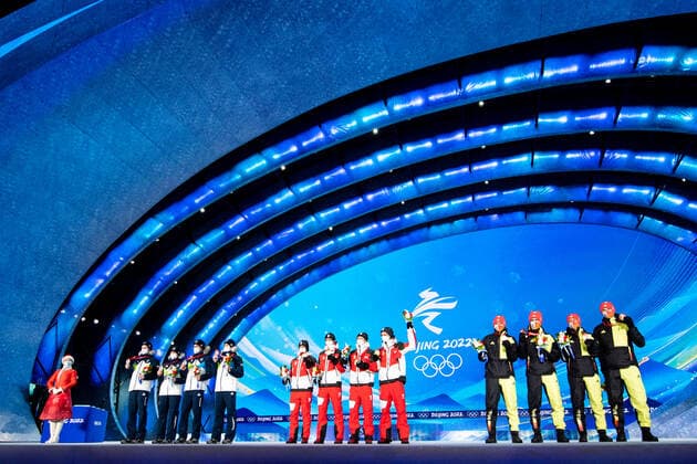 OLYMPICS - Winter Olympic Games, Olympische Spiele, Olympia, OS Beijing 2022 ZHANGJIAKOU,CHINA,15.FEB.22 - OLYMPICS, NORDIC SKIING, Ski jumping, Skispringen, Ski, nordisch - Winter Olympic Games Beijing 2022, large hill, men, team event, award ceremony. Image shows Lovro Kos, Cene Prevc, Timi Zajc, Peter Prevc (SLO), Stefan Kraft, Daniel Huber, Jan Hoerl and Manuel Fettner (AUT), Constantin Schmid, Stephan Leyhe, Markus Eisenbichler and Karl Geiger (GER). GEPAxpictures xMaticxKlansek