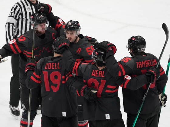 February 15, 2022, Beijing, China: Team Canada forward Jordan Weal (91) celebrates with teammates after scoring against Team China during first period men s qualification round hockey action at the Beijing Winter Olympics in Beijing, China, on Tuesday, Feb. 15, 2022. Canada News - February 15, 2022  - ZUMAc35_ 20220215_zaf_c35_111 Copyright: xRyanxRemiorzx