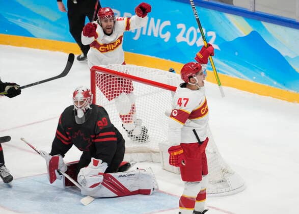 February 15, 2022, Beijing, China: Team China forward An Jian (47) celebrates his goal past Team Canada goaltender Matt Tomkins (90) during first period men s qualification round hockey action at the Beijing Winter Olympics in Beijing, China, on Tuesday, Feb. 15, 2022. Canada News - February 15, 2022  - ZUMAc35_ 20220215_zaf_c35_117 Copyright: xRyanxRemiorzx