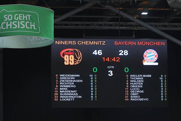 View of the scoreboard at halftime, Niners Chemnitz vs FC Bayern Muenchen Basketball, easycredit Basketball Bundesliga, 15 02 2022 Niners Chemnitz vs FC Bayern Muenchen Basketball, easycredit Basketball Bundesliga, 15 02 2022 Chemnitz Copyright: xBertxHarzer xEibner-xPressefotox