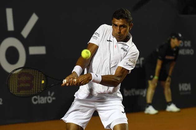 Rio Open 2022 RIO DE JANEIRO, RJ - 15.02.2022: RIO OPEN 2022 - Thiago Monteiro (BRA) in dispute with Sebastian Baez (ARG) on the Guga Kuerten court, for the second round of the Rio Open 2022, held at the Jockey Club Brasileiro, which takes place from February 12 to 20, this Tuesday (15), at the Rio de Janeiro - RJ. (Photo: Celso Pupo Fotoarena) x2170557x  CelsoxPupo