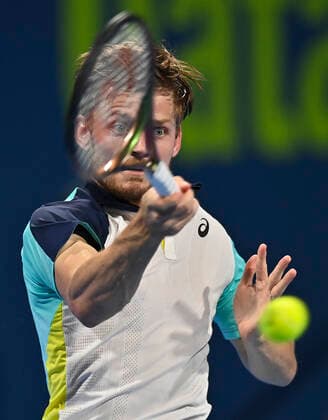 (220216) -- DOHA, Feb. 16, 2022 -- David Goffin of Belgium returns the ball to Emil Ruusuvuori of Finland during the first round of ATP, Tennis Herren Qatar Open Tennis match at the Khalifa International Tennis Complex in Doha, capital of Qatar, Feb. 15, 2022. (Photo by Xinhua) (SP)QATAR-DOHA Table tennis, Tischtennis ATP QATAR OPEN-FIRST ROUND Nikku 