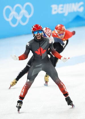 (220216) -- BEIJING, Feb. 16, 2022 -- Steven Dubois of Canada celebrates after the men s 5,000m relay final of short track Speed skating, Eisschnelllauf at Capital Indoor Stadium in Beijing, capital of China, Feb. 16, 2022. ) (BEIJING2022)CHINA-BEIJING-OLYMPIC Winter games, Winterspiele,Spiele, Summer games SHORT TRACK SPEED SKATING (CN) LanxHongguang