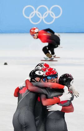 (220216) -- BEIJING, Feb. 16, 2022 -- Team Canada (front) celebrate after winning the gold medal in the men s 5,000m relay final of short track Speed skating, Eisschnelllauf at Capital Indoor Stadium in Beijing, capital of China, Feb. 16, 2022. ) (BEIJING2022)CHINA-BEIJING-OLYMPIC Winter games, Winterspiele,Spiele, Summer games SHORT TRACK SPEED SKATING (CN) WangxYuguo