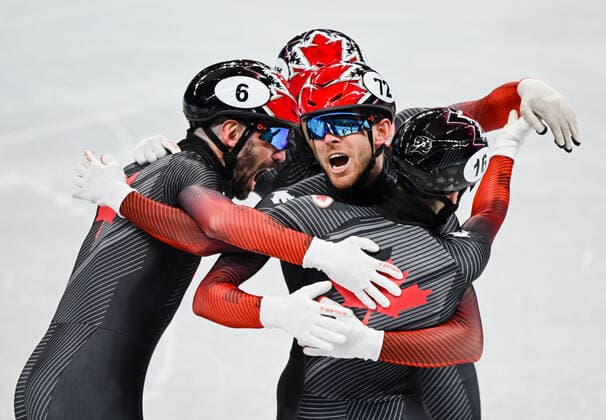 (220216) -- BEIJING, Feb. 16, 2022 -- Team Canada celebrate after winning the gold medal in the men s 5,000m relay final of short track Speed skating, Eisschnelllauf at Capital Indoor Stadium in Beijing, capital of China, Feb. 16, 2022. ) (BEIJING2022)CHINA-BEIJING-OLYMPIC Winter games, Winterspiele,Spiele, Summer games SHORT TRACK SPEED SKATING (CN) LixGa