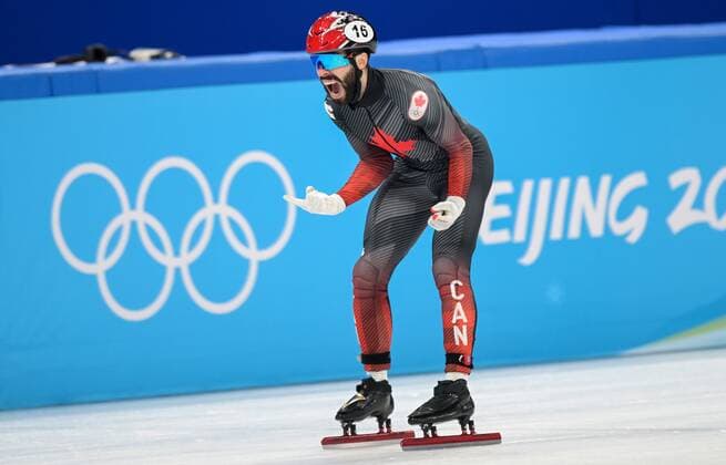 China Olympics 2022 Short Track Speed skating, Eisschnelllauf 8117063 16.02.2022 Canada s Steven Dubois celebrates winning the short track speed skating men s 5000m relay final A during the Beijing 2022 Winter Olympic Games, Olympische Spiele, Olympia, OS at Capital Indoor Stadium in Beijing, China. Grigory Sysoev Sputnik Beijing China  Copyright: xGrigoryxSysoevx