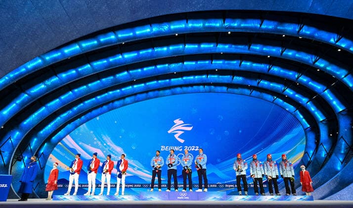 (220216) -- ZHANGJIAKOU, Feb. 16, 2022 -- Medalists pose during the awarding ceremony of biathlon men s 4x7.5km relay at Zhangjiakou Medals Plaza of the Winter Olympics in Zhangjiakou, north China s Hebei Province, Feb. 16, 2022. ) (BEIJING2022)CHINA-ZHANGJIAKOU-OLYMPIC Winter games, Winterspiele,Spiele, Summer games AWARDING CEREMONY-BIATHLON (CN) FengxKaihua 