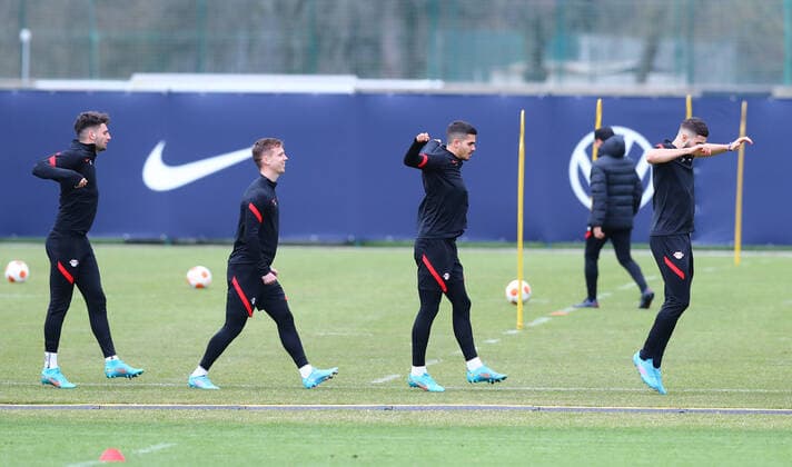 Europa League RB Leipzig training 16 12 2022 Leipzig, 16 02 2022, RBL training center, Europa League , RB Leipzig final training on the eve of RBL v Real San Sebastian , In the picture from l Dominik Szoboszlai, Dani Olmo, Andre Silva and Josko Gvardiol , Picture Point