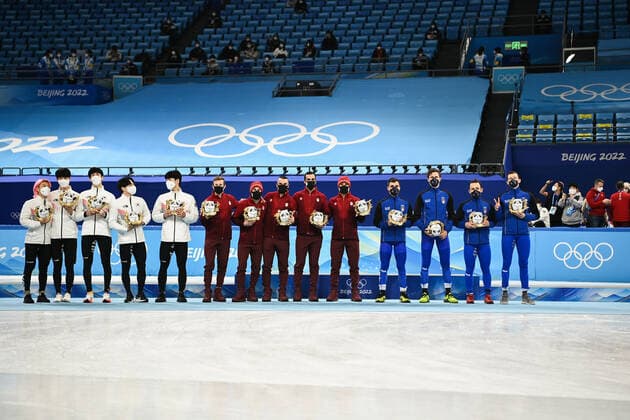 Photo LaPresse Marco Alpozzi February 16, 2022 Beijing, China Beijing 2022 Winter Olympic Games, Olympische Spiele, Olympia, OS - Short Track - Women s 1500m - finals In the pic: team Italy Pietro Sighel, Yuri Confortola, Tommaso Dotti e Andrea Cassinelli - team Canada HAMELIN Charles, LAOUN Maxime, DUBOIS Steven, PIERRE-GILLES Jordan, DION Pascal - team Republic of Korea LEE Juneseo, KIM Dongwook, HWANG Daeheon, KWAK Yoongy, PARK Janghyuk Copyright: xMarcoxAlpozzi LaPressex