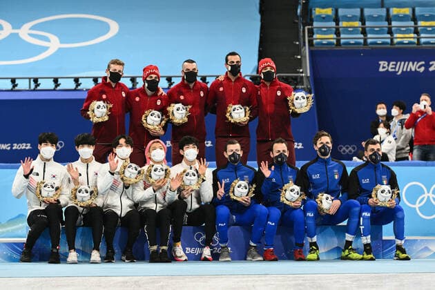 Photo LaPresse Marco Alpozzi February 16, 2022 Beijing, China Beijing 2022 Winter Olympic Games, Olympische Spiele, Olympia, OS - Short Track - Women s 1500m - finals In the pic: team Italy Pietro Sighel, Yuri Confortola, Tommaso Dotti e Andrea Cassinelli - team Canada HAMELIN Charles, LAOUN Maxime, DUBOIS Steven, PIERRE-GILLES Jordan, DION Pascal - team Republic of Korea LEE Juneseo, KIM Dongwook, HWANG Daeheon, KWAK Yoongy, PARK Janghyuk Copyright: xMarcoxAlpozzi LaPressex