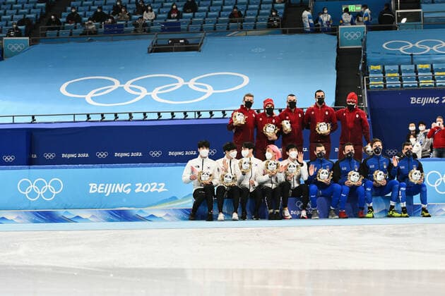 Photo LaPresse Marco Alpozzi February 16, 2022 Beijing, China Beijing 2022 Winter Olympic Games, Olympische Spiele, Olympia, OS - Short Track - Women s 1500m - finals In the pic: team Italy Pietro Sighel, Yuri Confortola, Tommaso Dotti e Andrea Cassinelli - team Canada HAMELIN Charles, LAOUN Maxime, DUBOIS Steven, PIERRE-GILLES Jordan, DION Pascal - team Republic of Korea LEE Juneseo, KIM Dongwook, HWANG Daeheon, KWAK Yoongy, PARK Janghyuk Copyright: xMarcoxAlpozzi LaPressex