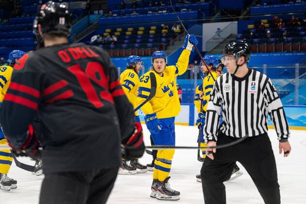 220216 Lucas Wallmark of Sweden celebrates after the mens ice hockey quarterfinal between Sweden and Canada during day 12 of the 2022 Winter Olympics on February 16, 2022 in Beijing Photo Maxim Thore BILDBYRAN kod MT MT0326 ice hockey ice hockey olympic games olympics winter olympics os ol olympics winter os olympics peking peking peking 2022 beijing 2022 beijing 2022 olympic games beijing 2022 winter olympic games beijing os beijing ol winter ol 12 bbeng quarter final sweden canada,  Copyright: MAXIMxTHORE BB220216MT165