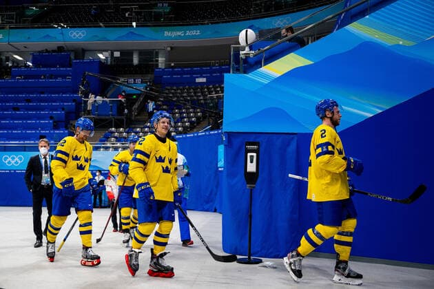 220216 Max Friberg and Christian Folin of Sweden celebrate after the mens ice hockey quarterfinal between Sweden and Canada during day 12 of the 2022 Winter Olympics on February 16, 2022 in Beijing Photo Mathias Bergeld BILDBYRAN kod MB MT0326 ice hockey ice hockey olympic games olympics winter olympics os ol olympics winter os olympics peking peking Beijing 2022 beijing 2022 beijing 2022 olympic games beijing 2022 winter olympic games peking os beijing ol winter ol 12 bbeng quarter final sweden canada cheer,  Copyright: MATHIASxBERGELD BB220216MB105