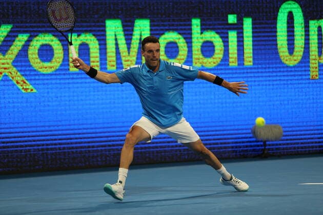 Roberto Bautista Agut of Spain in action during his Round of 16 match with Andy Murray of Great Britain in the Qatar ExxonMobil Open at Khalifa International Tennis and Squash Complex on February 16, 2022 in Doha, Qatar.  Copyright: xx