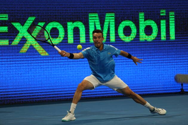 Roberto Bautista Agut of Spain in action during his Round of 16 match with Andy Murray of Great Britain in the Qatar ExxonMobil Open at Khalifa International Tennis and Squash Complex on February 16, 2022 in Doha, Qatar.  Copyright: xx