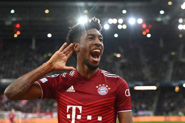 Goal celebration Kingsley COMAN Bayern Muenchen after goal to 1 1 with jubilation,joy,enthusiasm,action Football Champions League Round of 16 RB Salzburg FC Bayern Muenchen 1 1, on 16 02 2022 ,Red Bull Arena Salzburg,