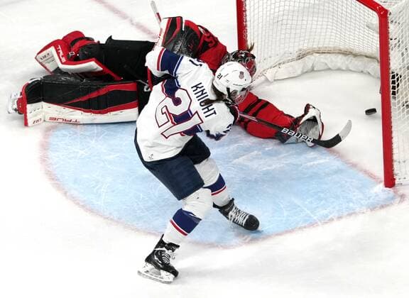 China Olympics 2022 Ice hockey, Eishockey Women Canada - US 8117717 17.02.2022 Hilary Knight, of the United States, scores past Canada s goaltender Ann-Renee Desbiens during the women s ice hockey gold medal match of the Beijing 2022 Winter Olympic Games, Olympische Spiele, Olympia, OS between Canada and the United States at Wukesong Sports Centre in Beijing, China. Alexander Vilf Sputnik Beijing China  Copyright: xAlexanderxVilfx